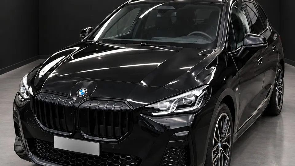 BMW Série 2 Active Tourer noire, vue trois quarts avant en studio fond noir