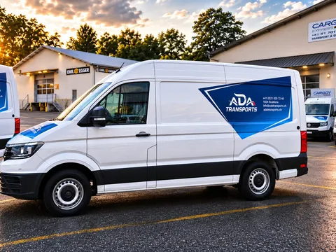 VW Crafter blanc floqué ADA Transports garé devant le dépôt d'Ecublens au coucher du soleil