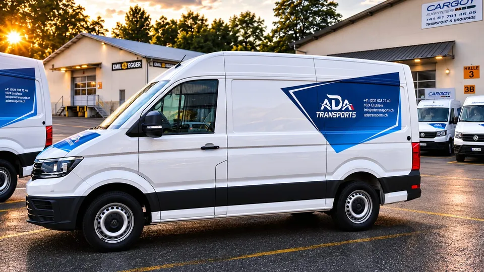 VW Crafter blanc floqué ADA Transports garé devant le dépôt d'Ecublens au coucher du soleil