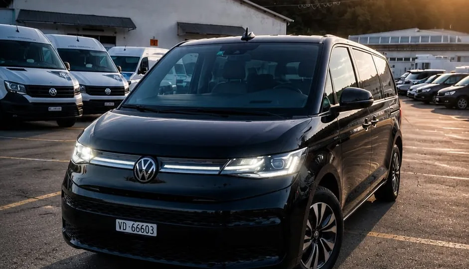 VW Multivan noire garée sur le parking du dépôt ADA à Ecublens au coucher du soleil